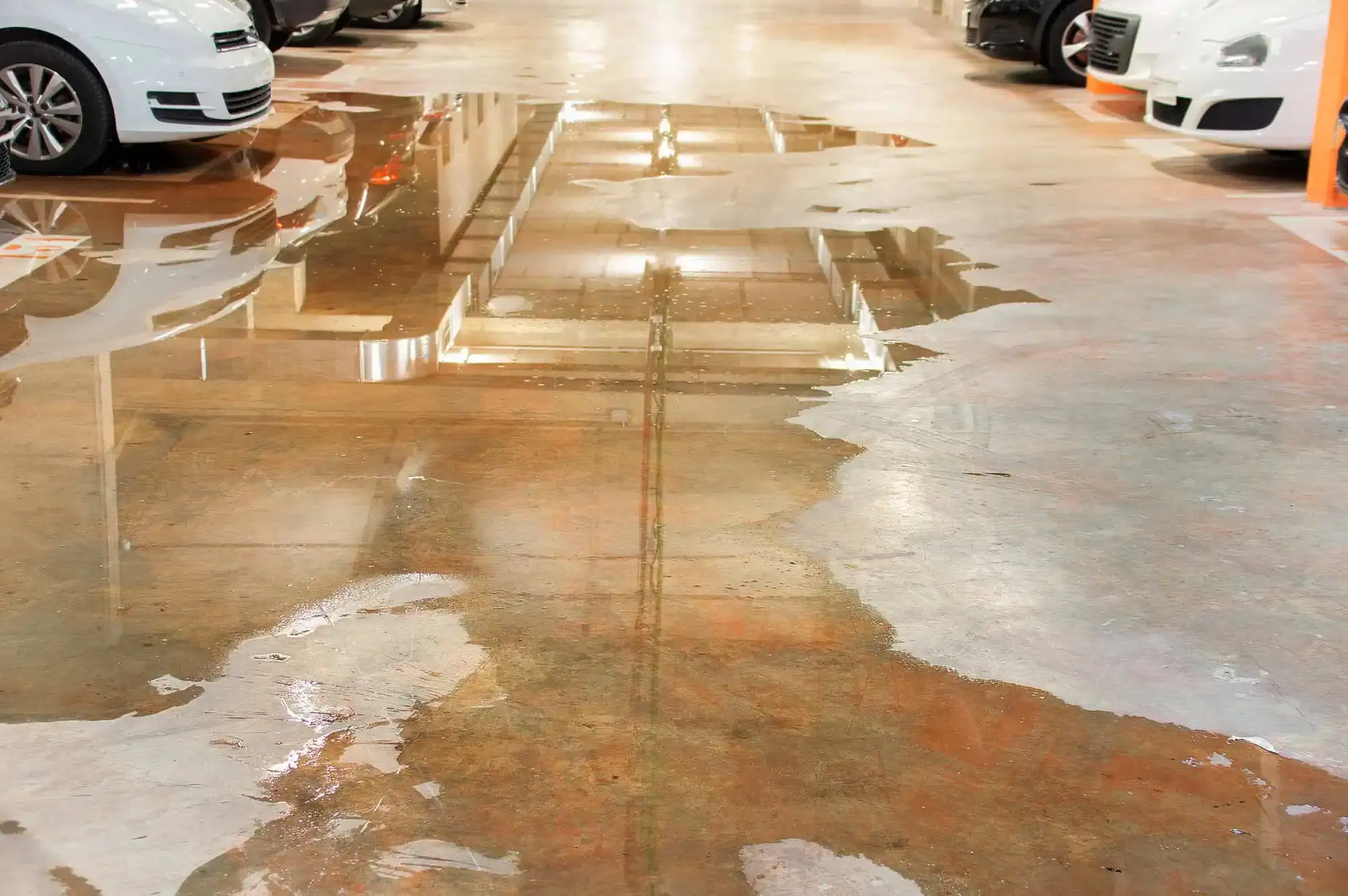 pool of water on parking garage floor